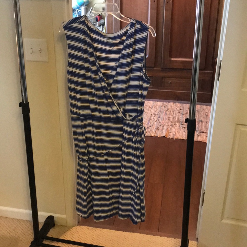 Blue and white striped, sleeveless dress
